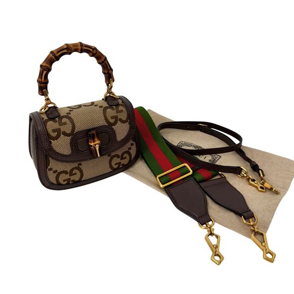 GUCCI 1947 Monogram Jumbo GG Textured Mini Bag Bamboo Top Handle in Camel Auth. - Picture 1 of 16